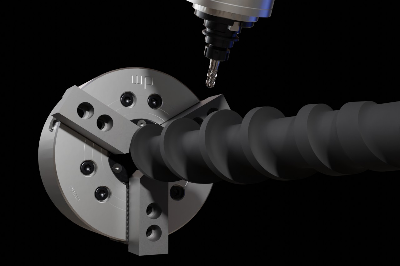 Technische Visualisierung der CNC-Bearbeitung einer Förderschnecke