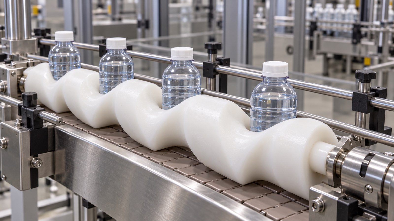 White polymer timing screw spacing PET bottles on a packaging line