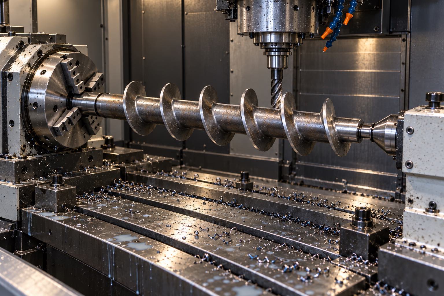 Industrial auger screw held between a rotary chuck and tailstock for CNC milling