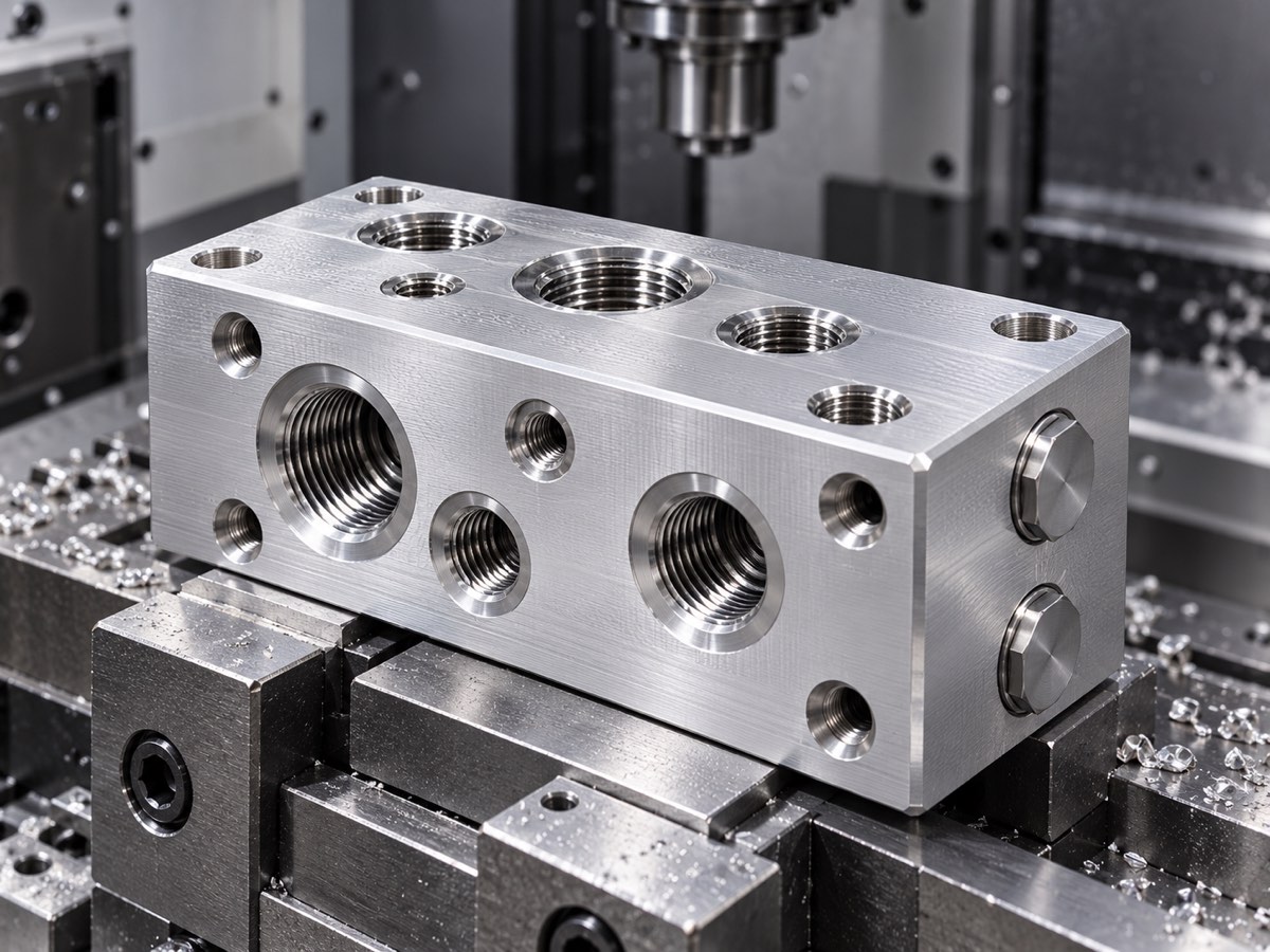 Repräsentativer CNC-gefräster Aluminium-Hydraulikblock mit Gewindeanschlüssen auf mehreren Seiten