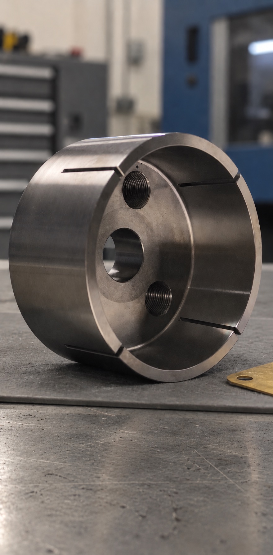 Custom-machined slotted collet workholding component on an inspection bench
