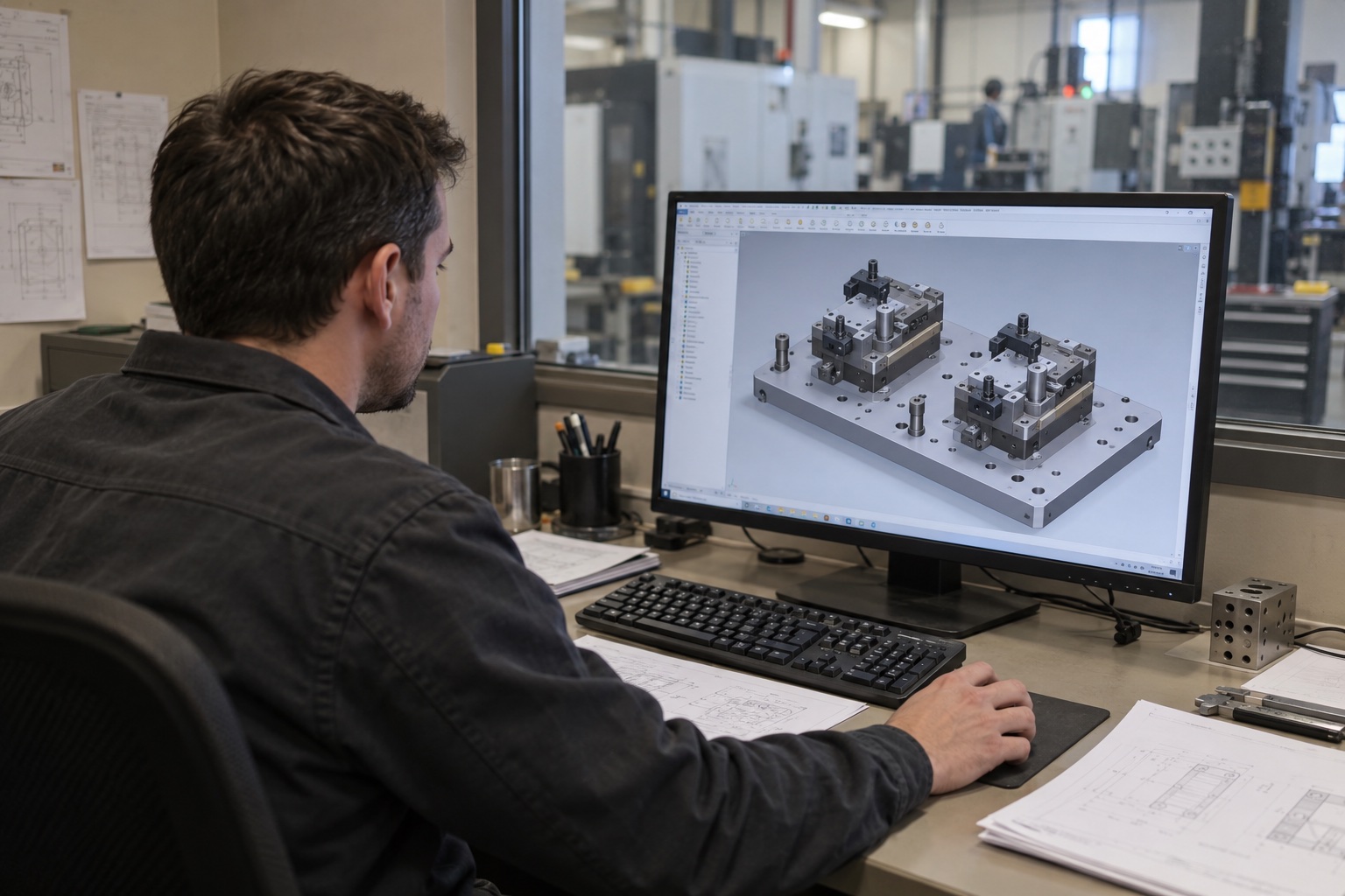 Engineer reviewing a two-station CNC workholding fixture in CAD