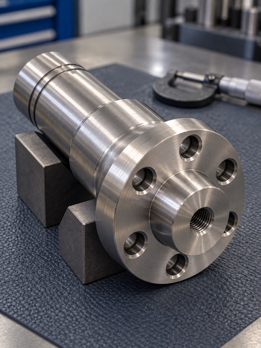 Machined steel connection component for heavy-duty equipment on an inspection mat
