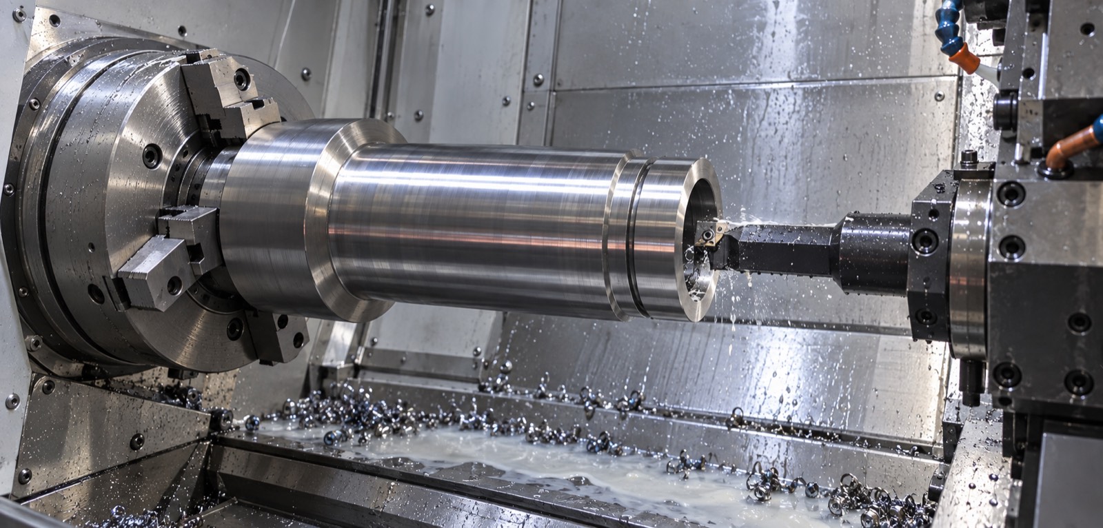 Custom hollow shaft being machined on a CNC lathe