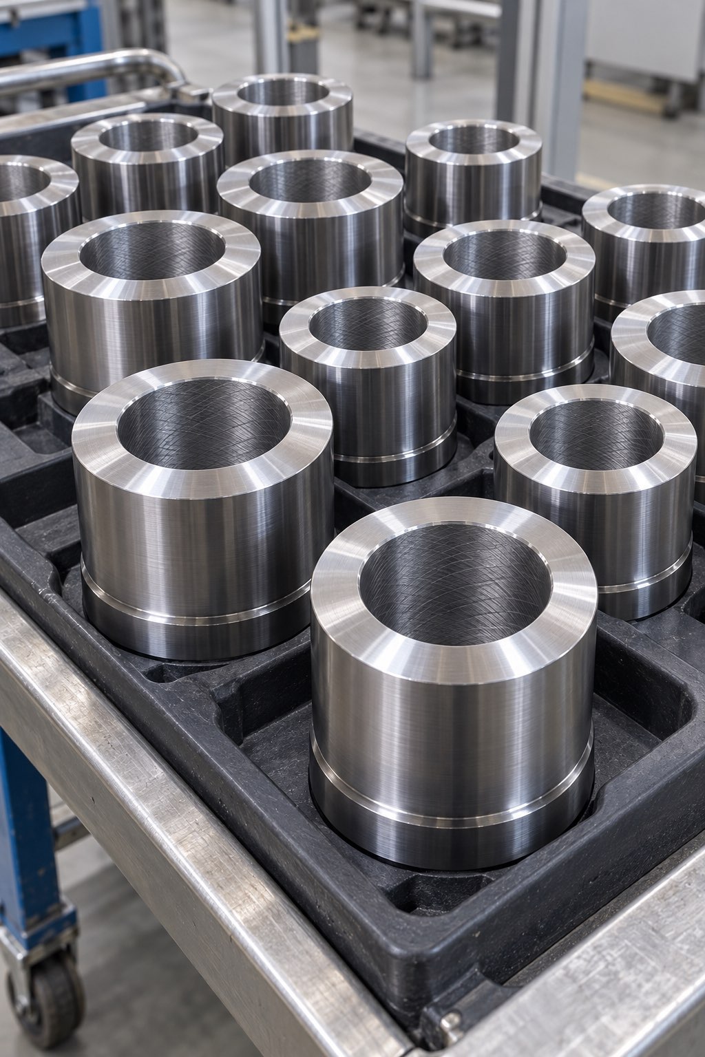 Batch of new cylindrical components prepared with precision internal bores