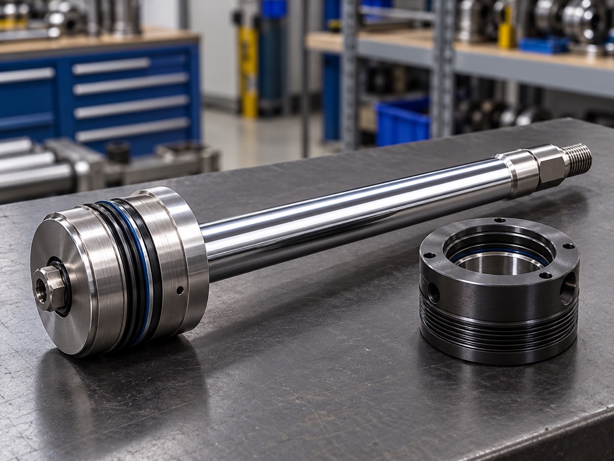 Repräsentative hartverchromte Hydraulik-Kolbenstangenbaugruppe mit bearbeitetem Kolben und Stopfbuchse