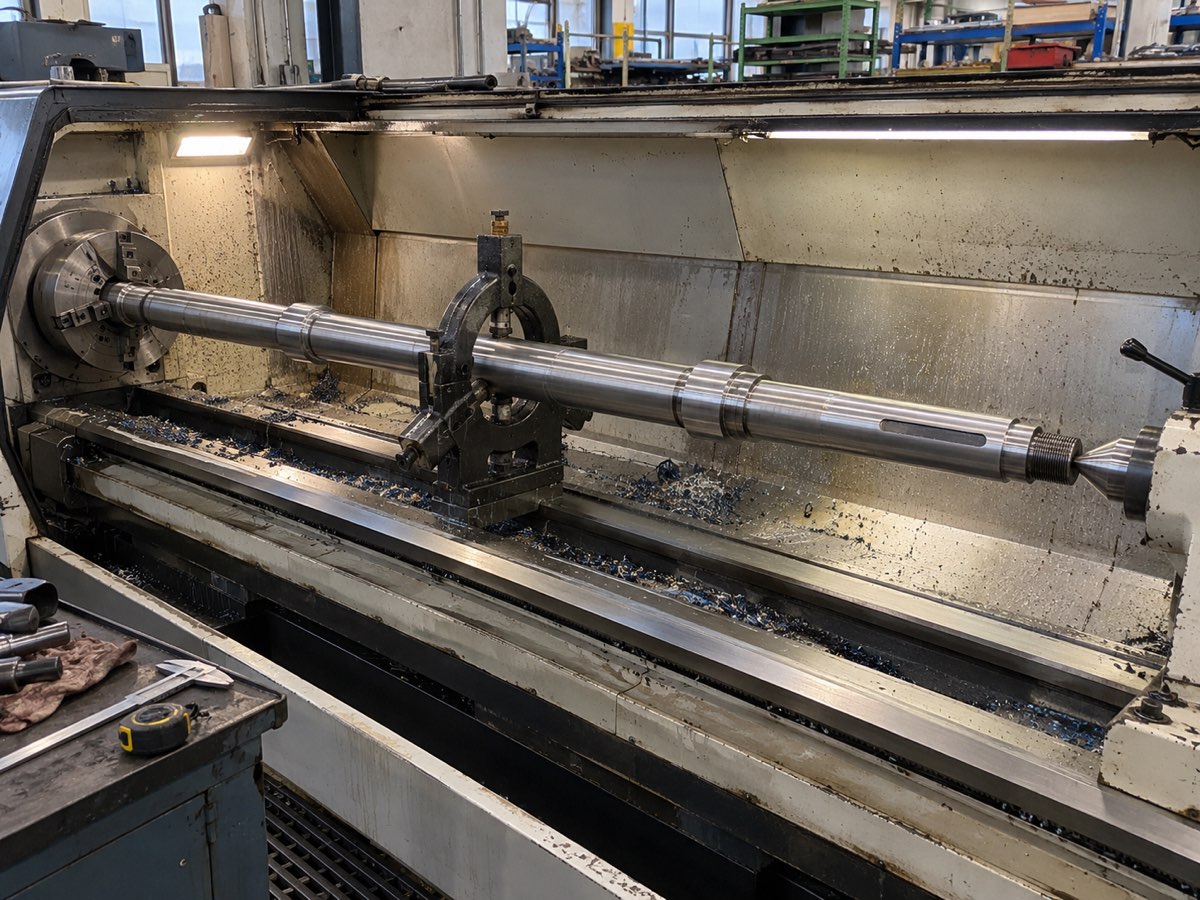 Representative 2.5 m stepped steel shaft clamped between chuck and tailstock in a long-bed CNC lathe