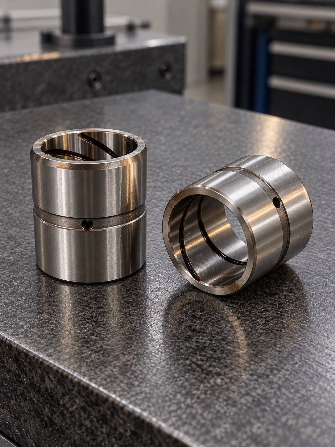 Pair of machined steel bushings with lubrication grooves