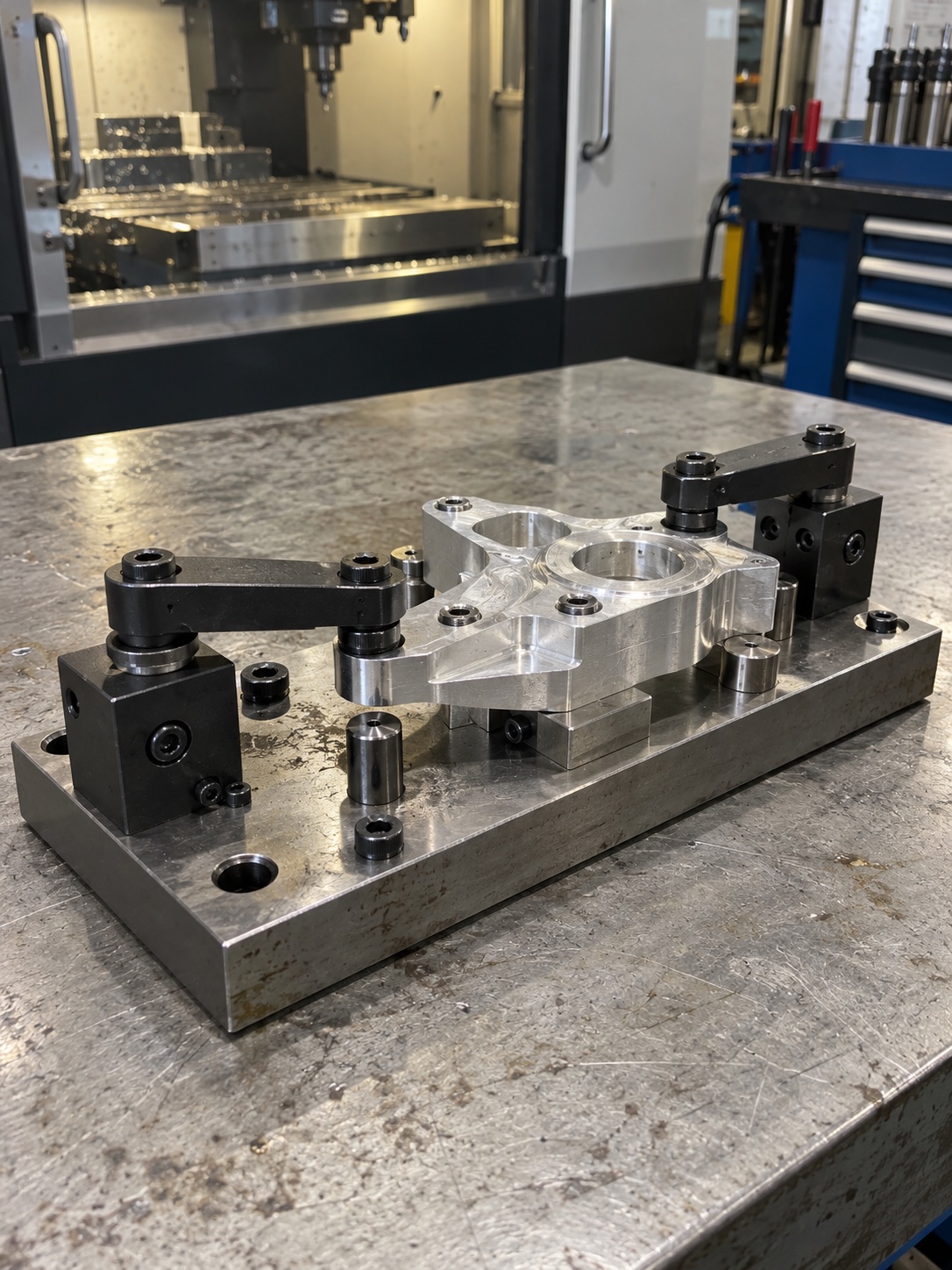 Custom CNC milling fixture with locating pins and mechanical clamps on an inspection bench
