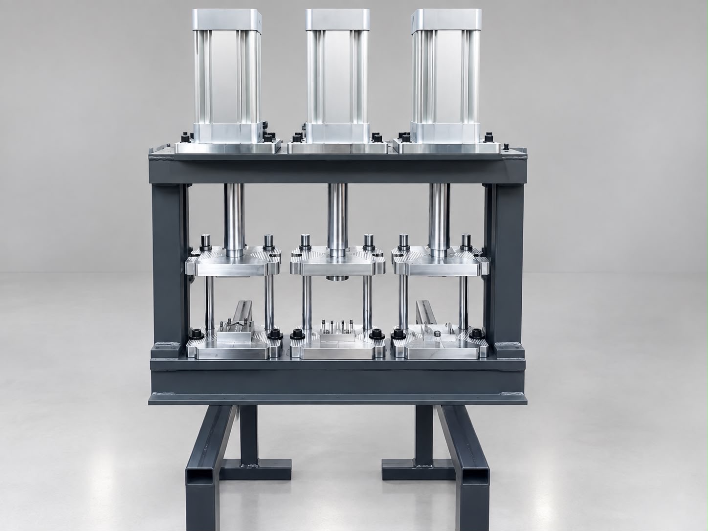 Three-station pneumatic production fixture with machined tooling plates