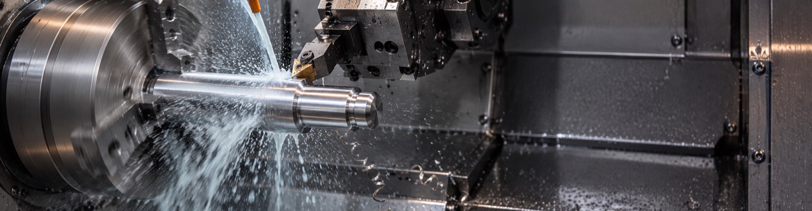 CNC-Drehbearbeitung eines Stahlbauteils mit Kühlschmierstoff